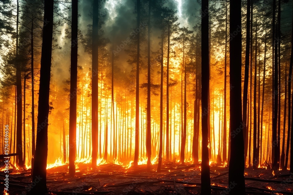 Obraz premium Intense flames from a massive forest fire, generative ai. Flames light up the evening as they rage thru pine forests and sage brush