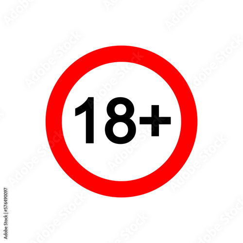 Eighteen plus icon. Number 18 in red circle isolated on white background. Age censor sign. Movie viewing or website visiting age limit label. Adult only concept