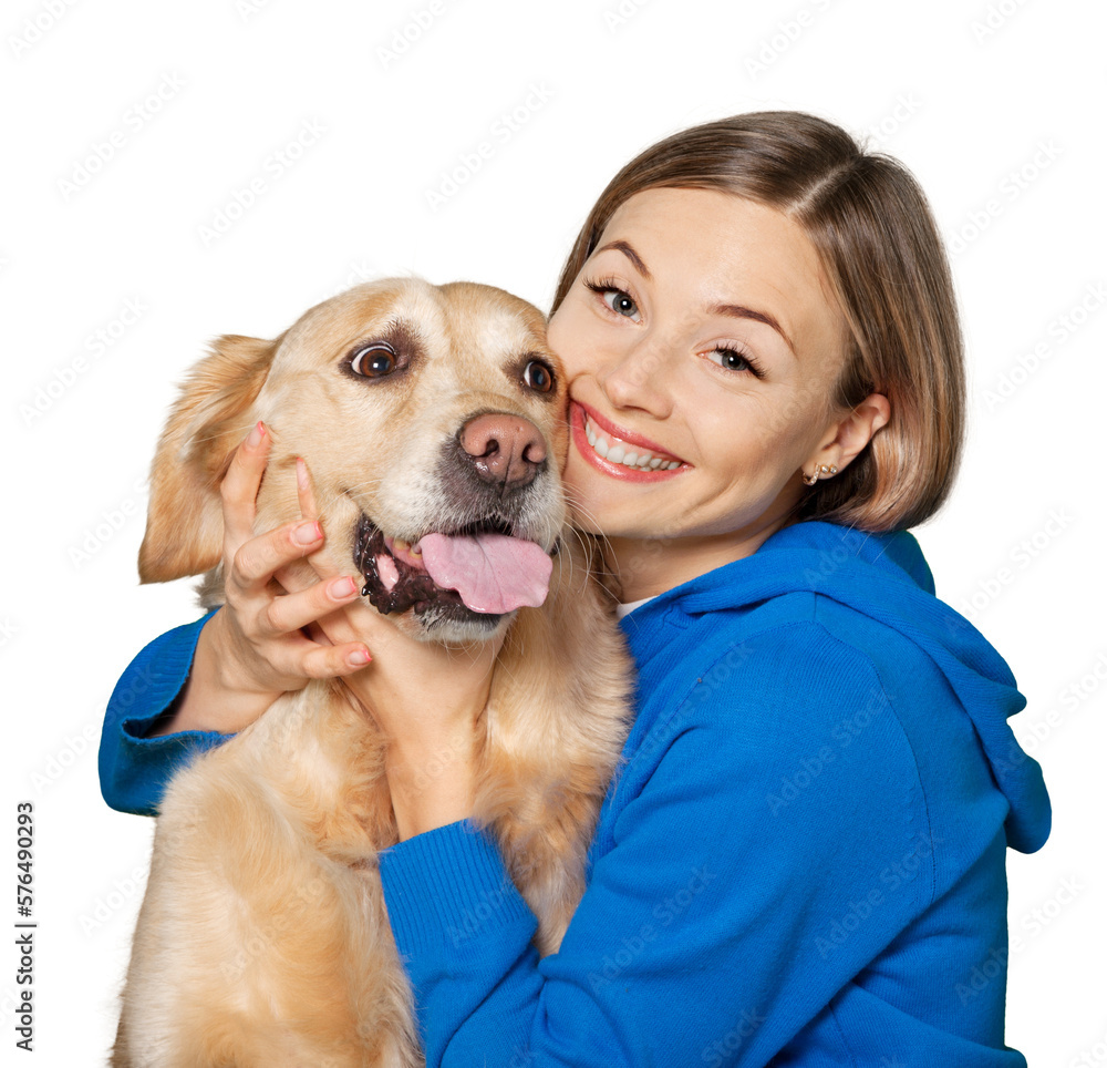Portrait of  beautiful woman with  dog on background