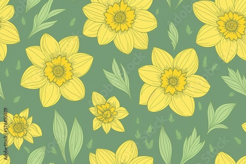 Seamless pattern with flowers of daffodils on pastelle background. Seamless flat painting. Beautiful tribal generative ai art background