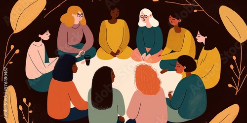 Womens circle or support group sharing their stories skills or talents and offering encouragement, concept of Collaborative Learning and Mutual Aid, created with Generative AI technology