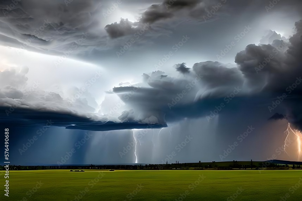 Thunderstorm with lightning bolt strikes the ground over a rural area. AI generative illustrations Thunderstorm with lightning bolt strikes the ground over a rural area. AI generative illustrations