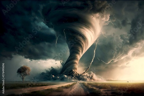 Powerful Tornado On a Country Road. AI Generative Illustrations