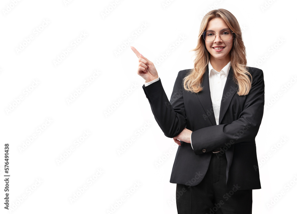 A young business woman or office worker wearing a black suit points her finger at something. Smiling business woman isolated on white background. A woman points her finger at an empty space
A young business woman or office worker wearing a black suit points her finger at something. Smiling business woman isolated on white background. A woman points her finger at an empty space