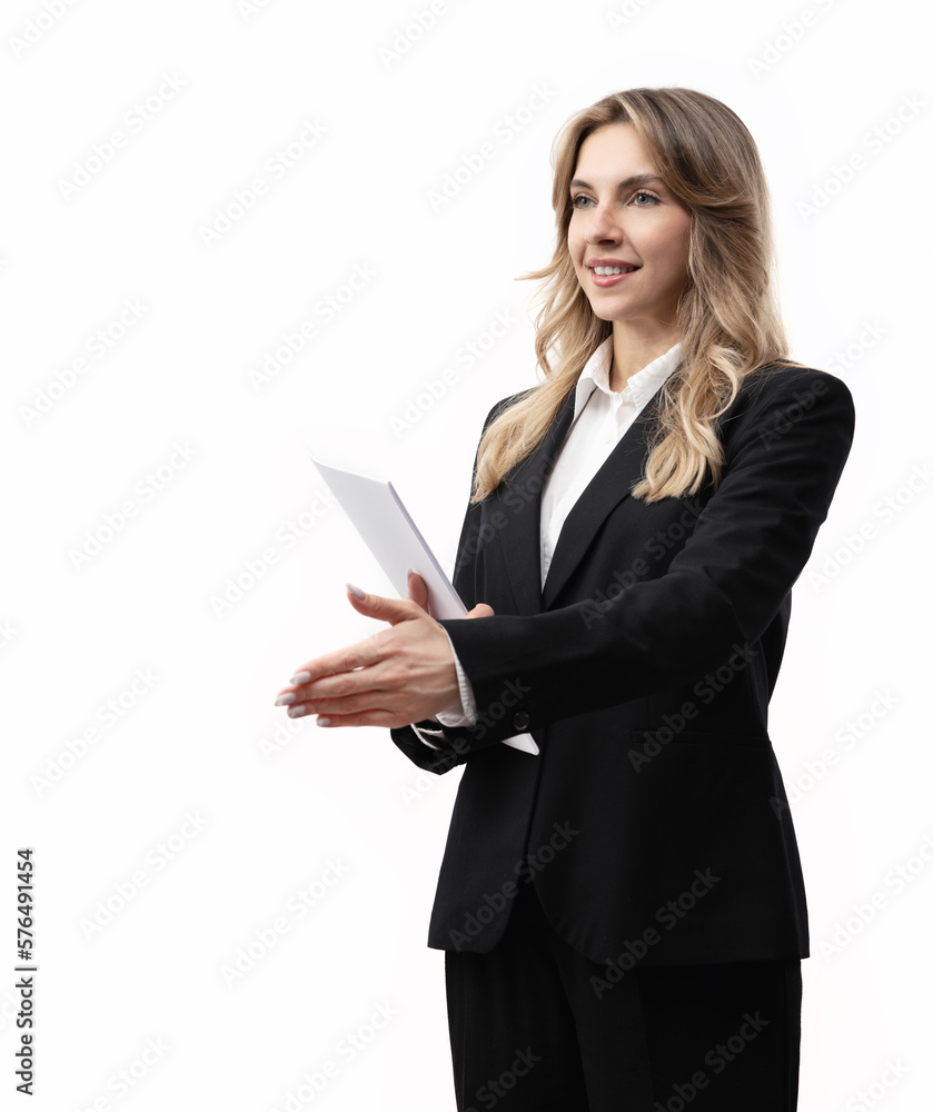 Young business woman or office worker wearing a black suit with her hand outstretched to someone or saying thank you. Smiling business woman, isolated on white background.
Young business woman or office worker wearing a black suit with her hand outstretched to someone or saying thank you. Smiling business woman, isolated on white background.