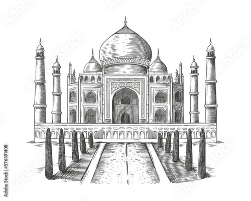 Hand drawn sketch of Taj Mahal. india palace illustration
