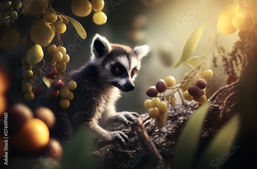 Obraz na płótnie Lemur Snacking on a Sweet Mango: A Snapshot of Madagascar's Biodiversity