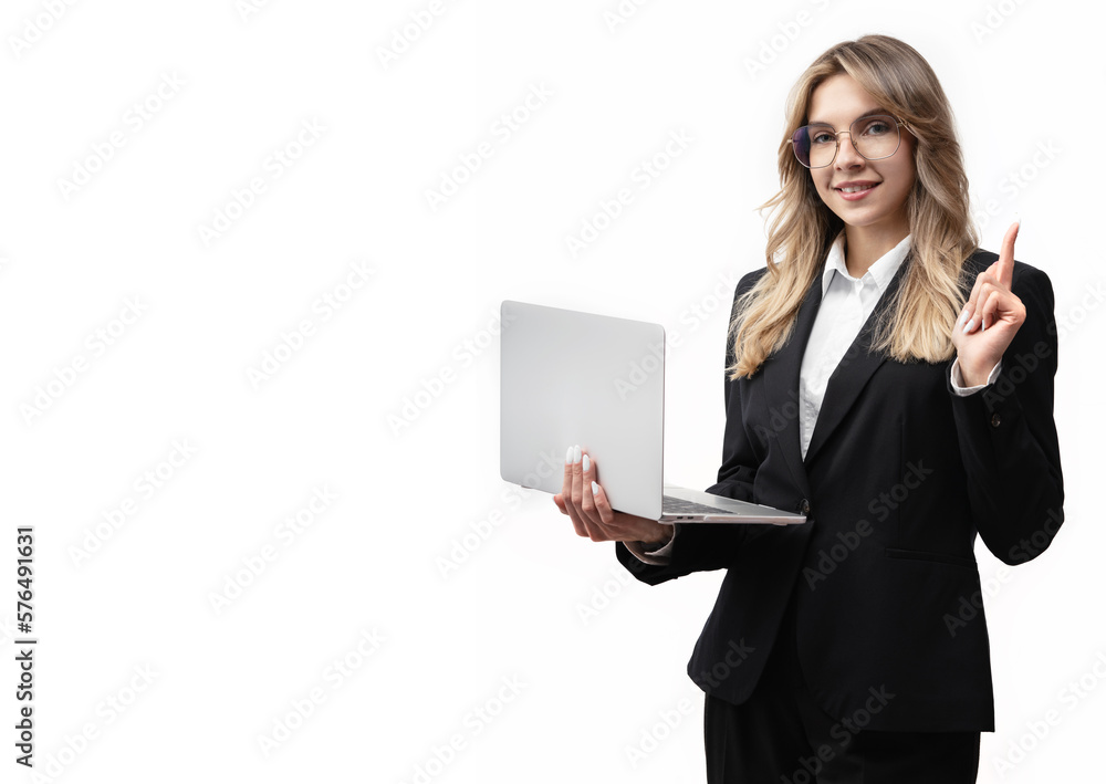 Young business woman or office worker wearing a black suit holding a laptop and suggesting she has an idea. Businesswoman pointing her finger up. Isolated on white background
Young business woman or office worker wearing a black suit holding a laptop and suggesting she has an idea. Businesswoman pointing her finger up. Isolated on white background