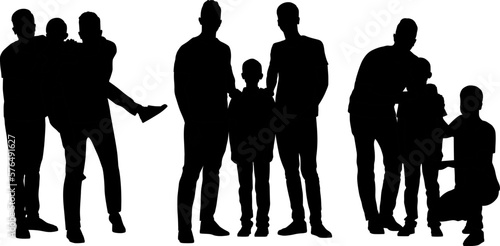 Set of Silhouettes of LGBT family having fun with a little son. Happy gay couple playing with an adopted child. Vector flat-style illustration isolated on white	
