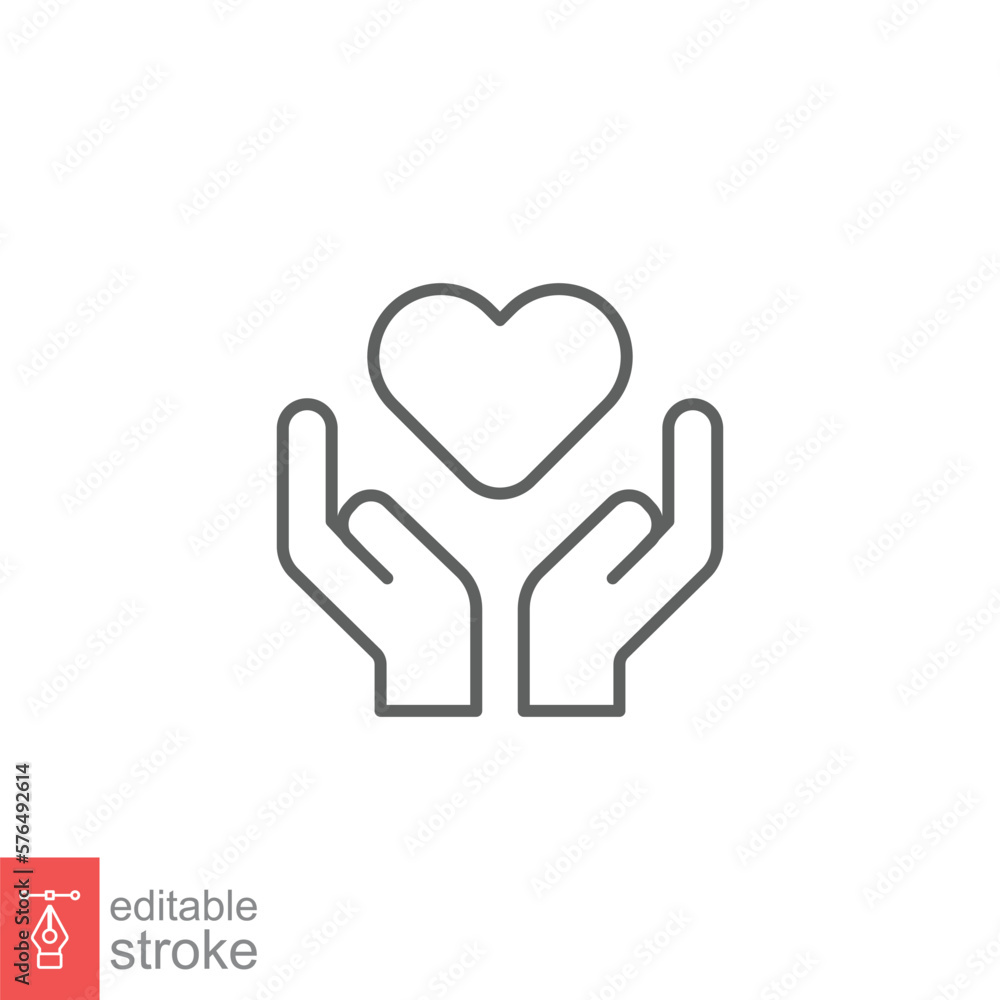 Hand heart line icon. Simple outline style. Wellbeing, health care, support, life, save, love, give, charity concept. Vector illustration isolated on white background. Editable stroke EPS 10. Hand heart line icon. Simple outline style. Wellbeing, health care, support, life, save, love, give, charity concept. Vector illustration isolated on white background. Editable stroke EPS 10.