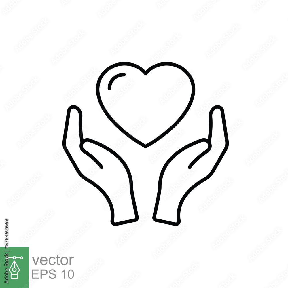 Hand heart line icon. Simple outline style. Wellbeing, health care, support, life, save, love, give, charity concept. Vector illustration isolated on white background. EPS 10. Hand heart line icon. Simple outline style. Wellbeing, health care, support, life, save, love, give, charity concept. Vector illustration isolated on white background. EPS 10.