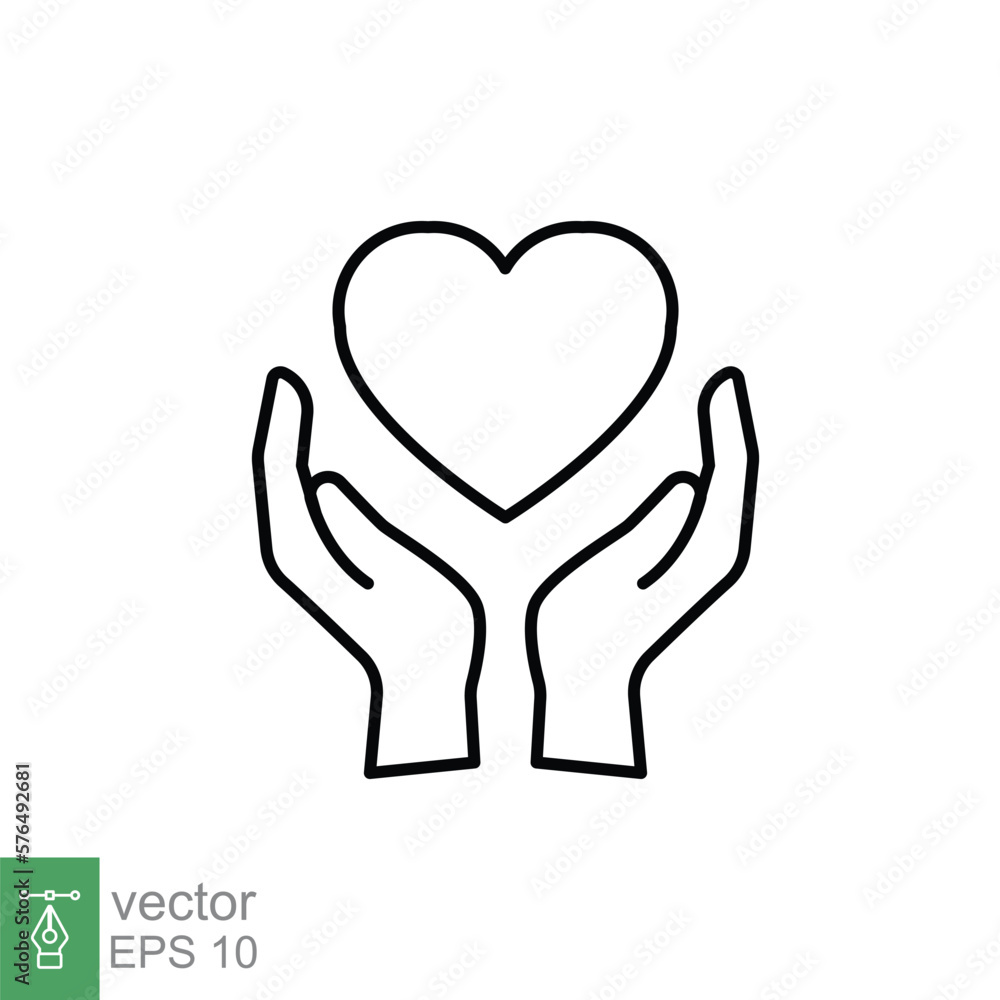 Hand heart line icon. Simple outline style. Wellbeing, health care, support, life, save, love, give, charity concept. Vector illustration isolated on white background. EPS 10. Hand heart line icon. Simple outline style. Wellbeing, health care, support, life, save, love, give, charity concept. Vector illustration isolated on white background. EPS 10.