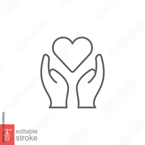 Hand heart line icon. Simple outline style. Wellbeing, health care, support, life, save, love, give, charity concept. Vector illustration isolated on white background. Editable stroke EPS 10.