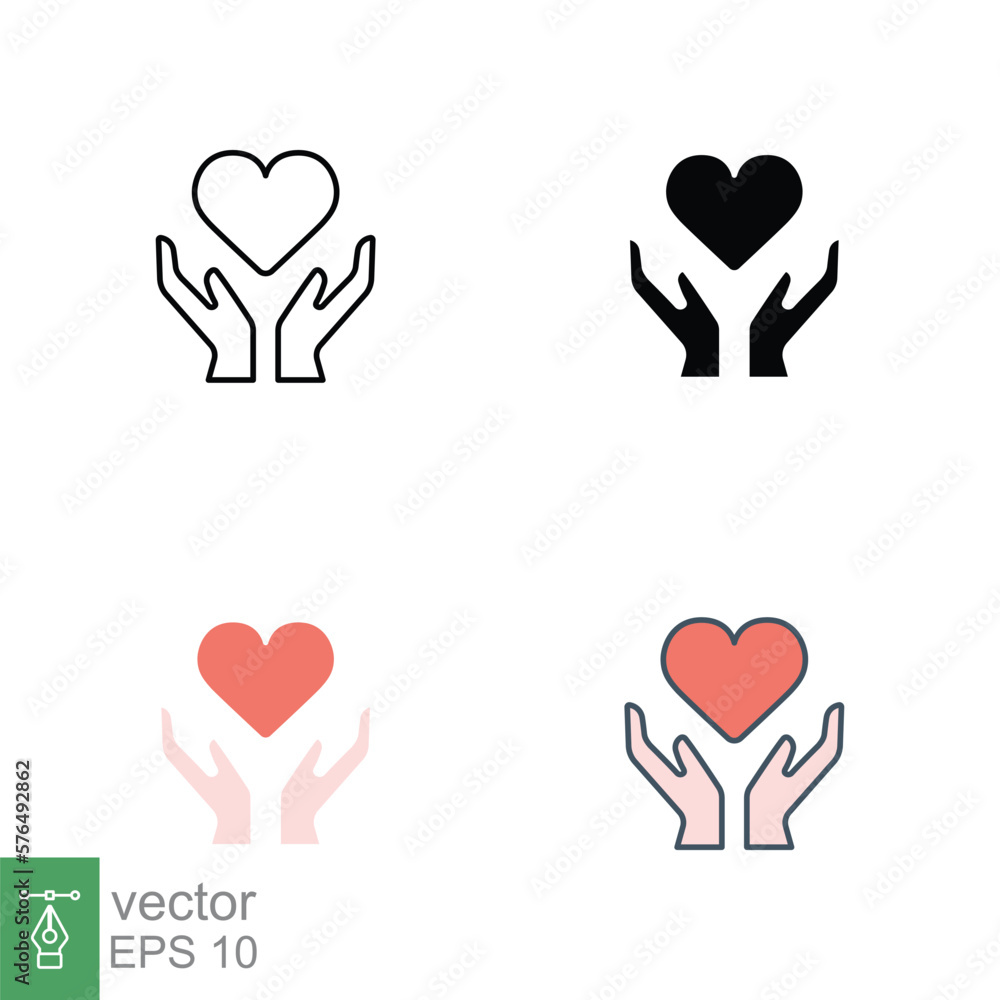 Hand heart icon in different style. Line, solid, flat, filled outline style. Holding, pictogram, care, graphic, life, health, save, love, give, charity concept. Vector illustration isolated. EPS 10. Hand heart icon in different style. Line, solid, flat, filled outline style. Holding, pictogram, care, graphic, life, health, save, love, give, charity concept. Vector illustration isolated. EPS 10.
