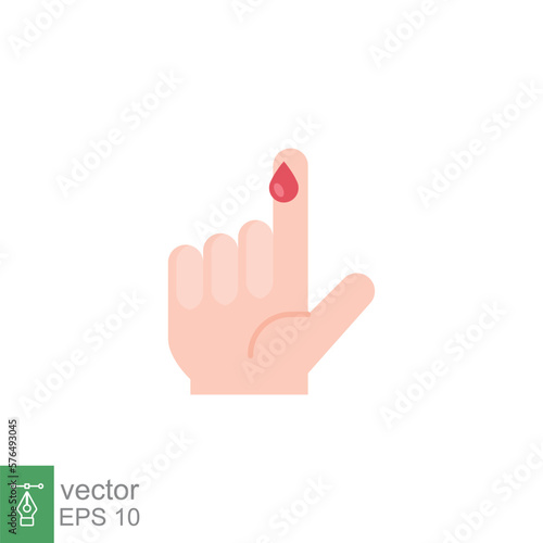 Blood on finger icon. Vector people hand injured isolated symbol. Glucose, insulin test, diabetes concept. Simple flat style. Sign illustration on white background. EPS 10.