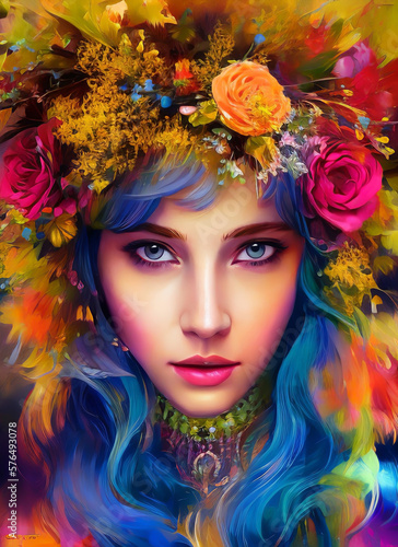 Portrait of a beautiful woman with flowers, Digital painting of a beautiful girl, Digital illustration of a female face. Generative AI © Eduardo