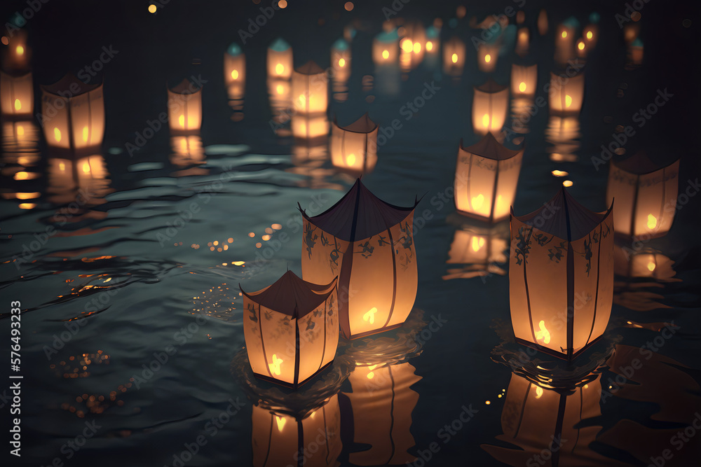 Paper lanterns representing spirits of the departed float on dark water during the Traditional