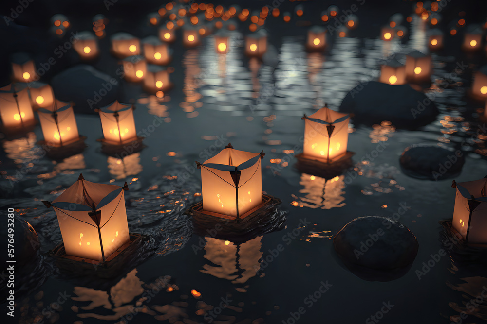 Paper lanterns representing spirits of the departed float on dark water during the Traditional