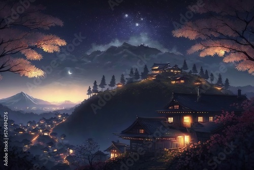Illustration of The high angle background of the japanese light city at Night in top of hills, Concept for aerial view of night life , colorful background bright and lights, Generative AI