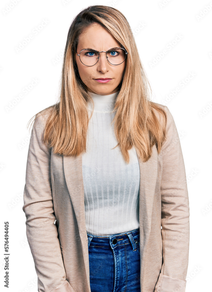 Young blonde woman wearing business shirt and glasses skeptic and nervous, frowning upset because of problem. negative person. Young blonde woman wearing business shirt and glasses skeptic and nervous, frowning upset because of problem. negative person.