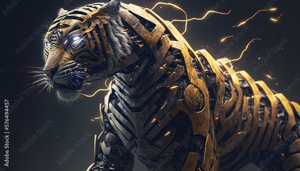 Stockillustratie tiger lion cyborg machine robot created with generative ai  technology | Adobe Stock