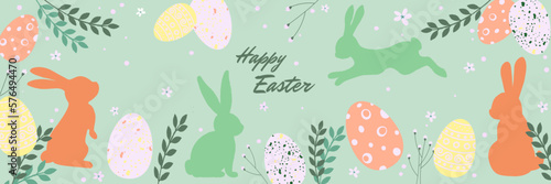 Holiday Easter background with bunnies, eggs, flowers and greenery. Trendy vector flat illustration. Unique design for horizontal poster, greeting card, header for website, home decor.