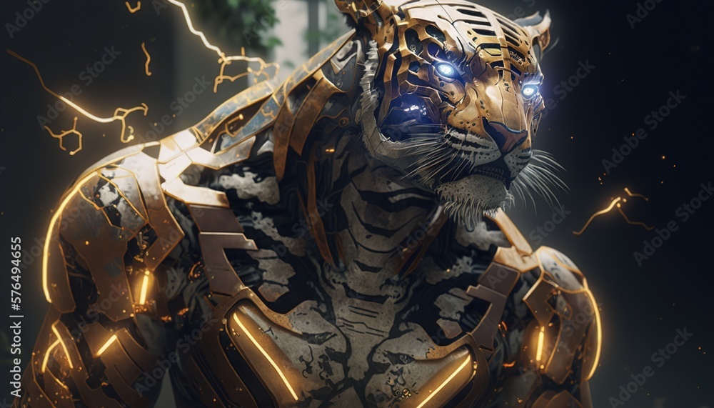 tiger lion cyborg machine robot created with generative ai technology