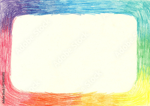 Hand drawn pencil drawn iridescent artistic line art, empty copy space. Colored childish style funny template for text. Pencil frame, banner.