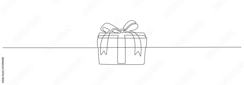 One Continuous line drawing of Christmas Present box with ribbon and bow. Festive gift and Wrapped birthday surprise package in simple linear style. Creative border and Doodle vector illustration One Continuous line drawing of Christmas Present box with ribbon and bow. Festive gift and Wrapped birthday surprise package in simple linear style. Creative border and Doodle vector illustration