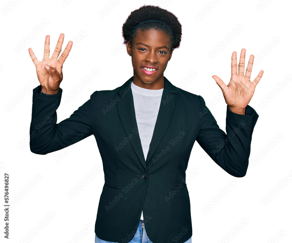 Young african american girl wearing business clothes showing and pointing up with fingers number nine while smiling confident and happy.