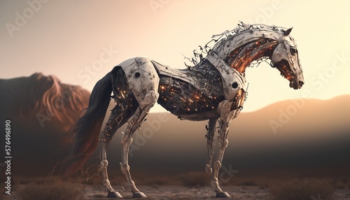 futuristic cyborg horses alien skeleton created with generative ai technology
