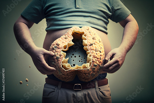 Bloating problem, concept of Distended abdomen and Abdominal discomfort, created with Generative AI technology photo