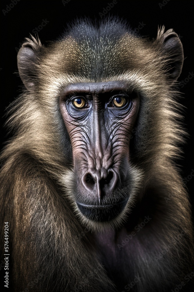 Close up of a baboon isolated on a black background illustrated using generative Ai Close up of a baboon isolated on a black background illustrated using generative Ai