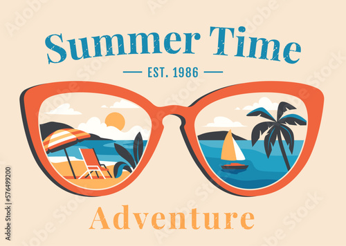 Summer time poster. Colorful retro banner with tropical landscape, beach, sea and palm trees in sunglasses. Rest and relaxation. Travel, tourism and journey. Cartoon flat vector illustration