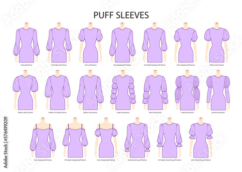 Set of Puff sleeves clothes dropped, baloon, virago, Marie, paned, drawstring technical fashion illustration with fitted body. Flat apparel template front sides. Women, men unisex CAD mockup