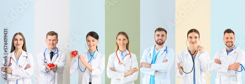 Collage with many doctors on color background photo