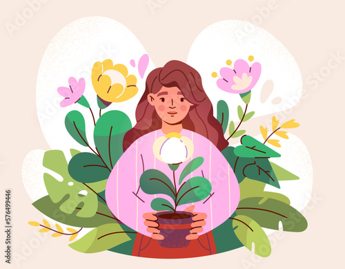 Gardener or botanist with flowers. Beautiful girl grows flowering plants in pot and enjoys nature. Character contemplates flora. Woman florist. Profession or hobby. Cartoon flat vector illustration