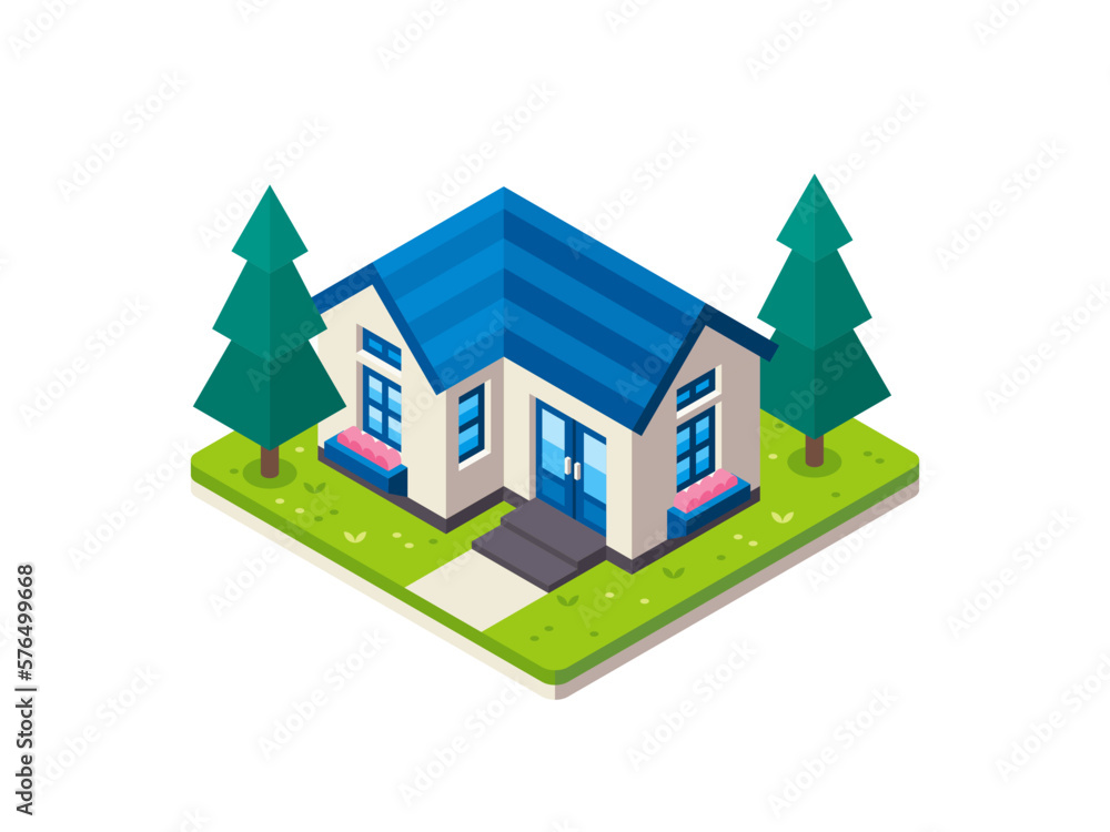 Illustration of Small House in Isometric View Illustration of Small House in Isometric View