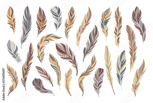 Set of animals feathers. Colorful stickers with boho indian bird feathers with tribal ornament. Ethnic rustic decorations or accessories. Cartoon flat vector collection isolated on white background