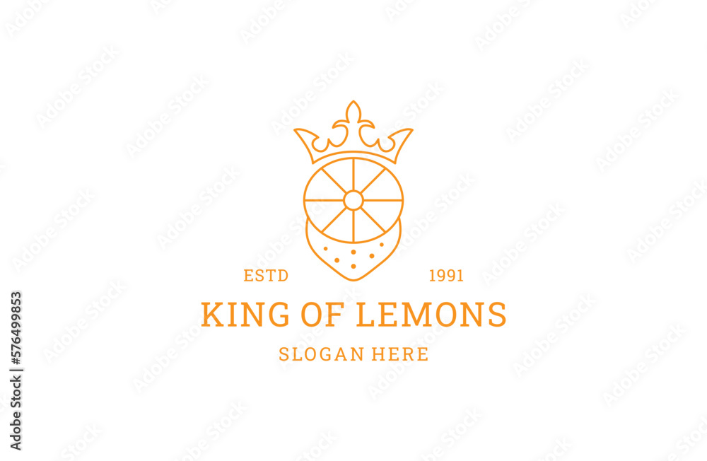 King Lemon logo. Fresh lemon fruits line art icon on yellow color . King Lemon logo. Fresh lemon fruits line art icon on yellow color .