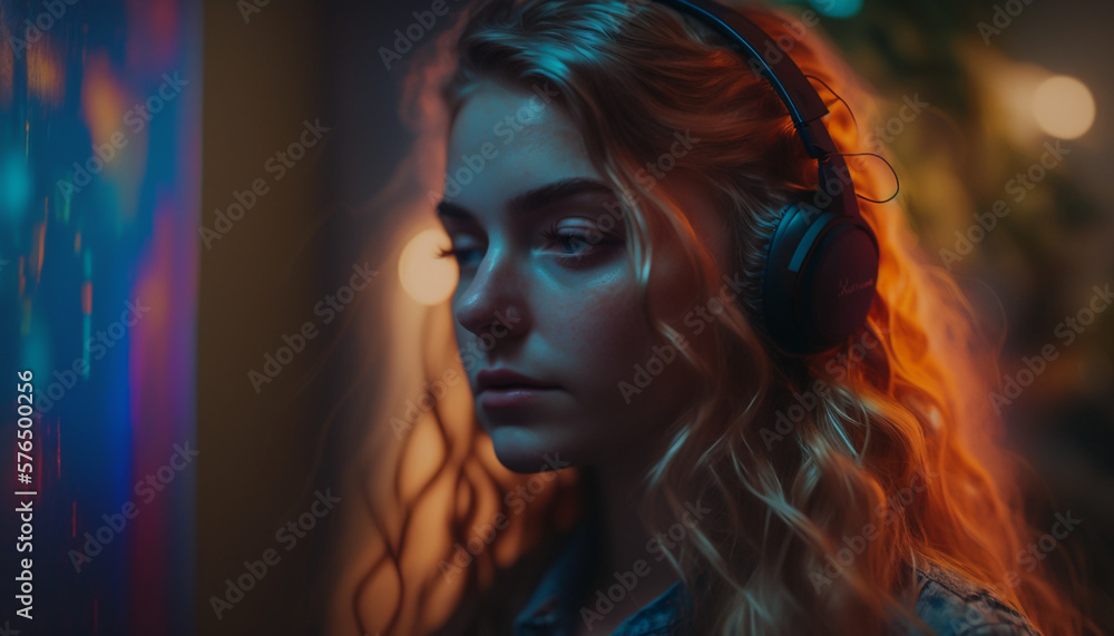 Fashion pretty woman with headphones listening to music, the music you can feel, generative ai