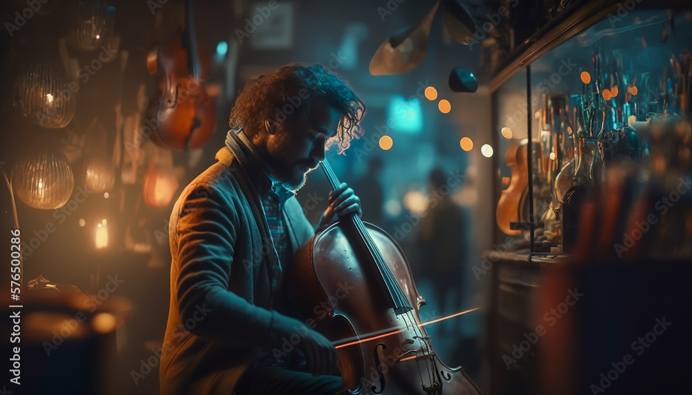 Young man playing a cello, in a dark instruments shop background, the music you can feel, generative ai Young man playing a cello, in a dark instruments shop background, the music you can feel, generative ai