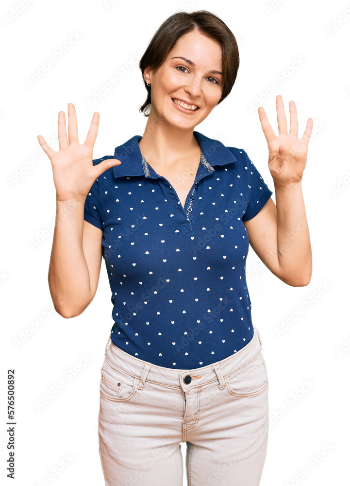 Young brunette woman with short hair wearing casual clothes showing and pointing up with fingers number nine while smiling confident and happy. Young brunette woman with short hair wearing casual clothes showing and pointing up with fingers number nine while smiling confident and happy.
