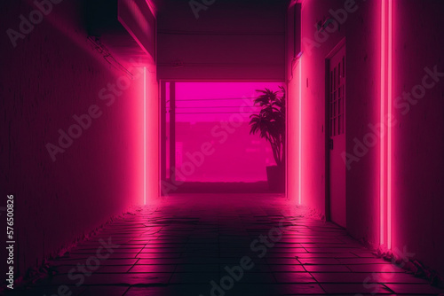 Pink neon haze, interior design. Wallpaper Aesthetic. Illustration. Generative AI