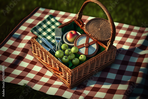 Picnic bacground, picnic cest over the tablecloth in the garden, generative ai