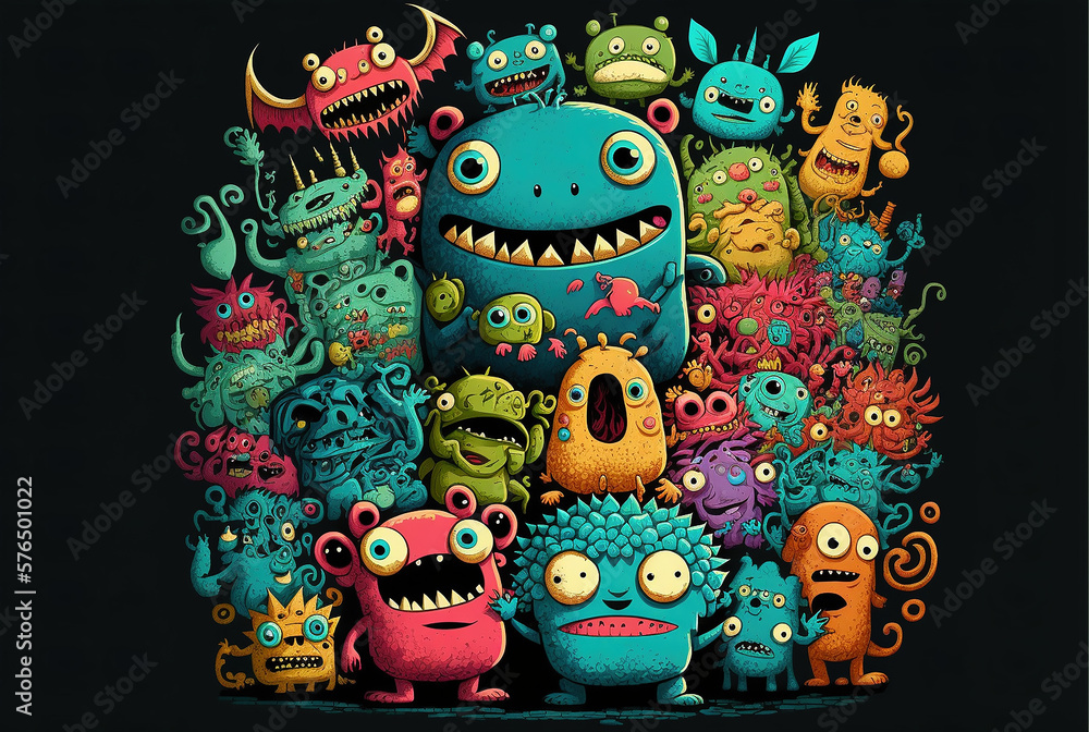 many colorfull monsters doodle art style created with generative AI technology many colorfull monsters doodle art style created with generative AI technology