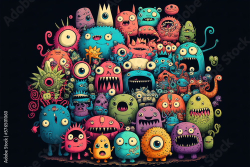 many colorfull monsters doodle art style created with generative AI technology