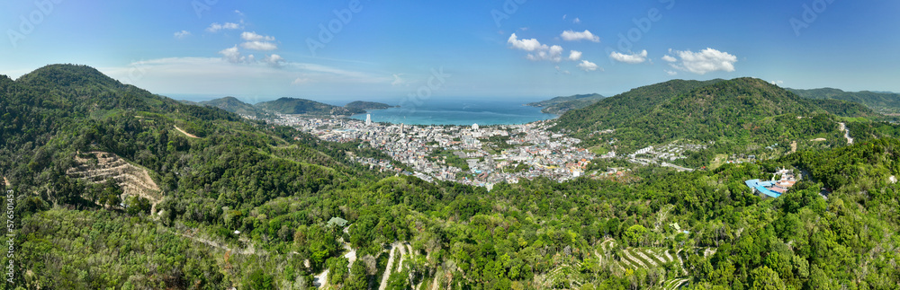 Phuket Thailand patong bay. Panorama landscape nature view from Drone camera. Aerial view of patong city in phuket thailand. Beautiful sea in summer sunny day time