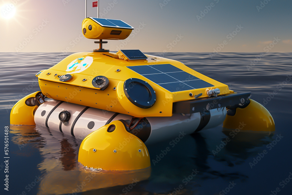 Solar powered autonomous marine robot, capable of collecting plastic pollution, future concept, environment, generative ai Solar powered autonomous marine robot, capable of collecting plastic pollution, future concept, environment, generative ai