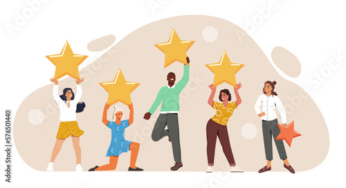 Feedback or Review concept. Happy satisfied customers and dissatisfied users keep four gold stars and rate quality of service or product. Good rating or opinion. Cartoon flat vector illustration